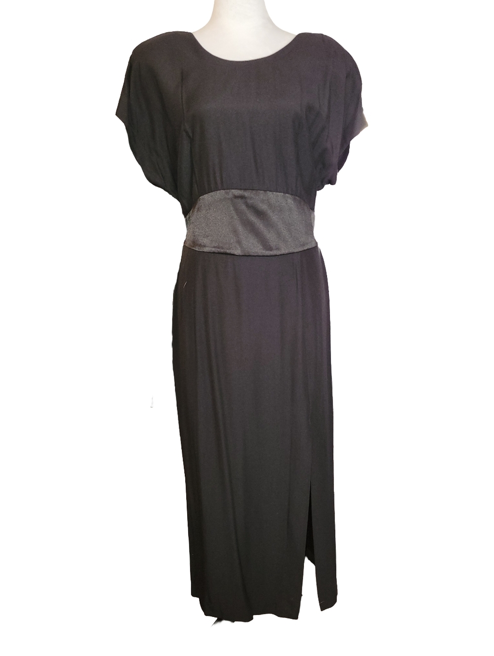 SL Fashions Black Evening Gown Satin Bow Side Slit Back Button Closure Size 16